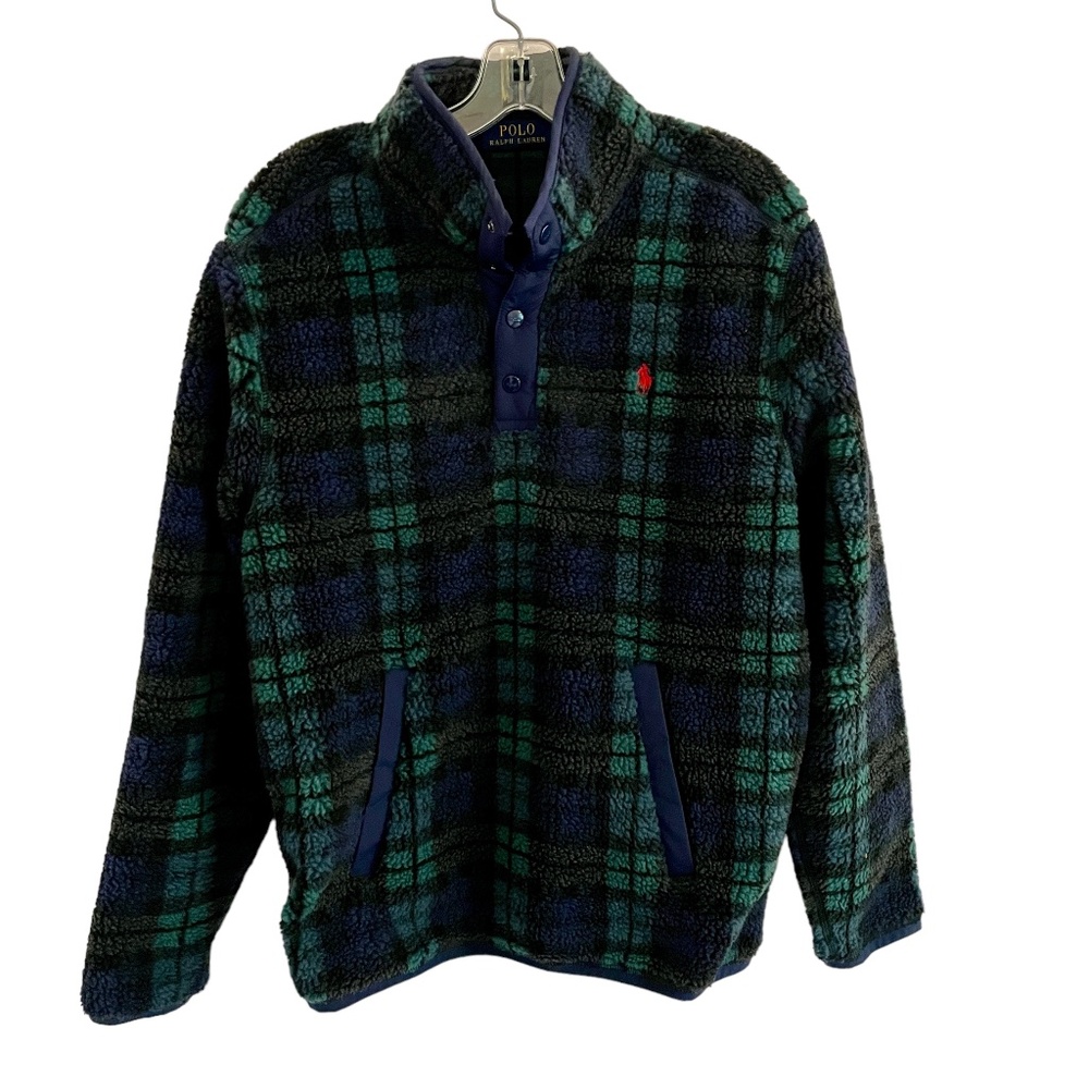 Polo Ralph Lauren Sherpa Plaid Snap Fleece Pullover Jacket Green Plaid Small